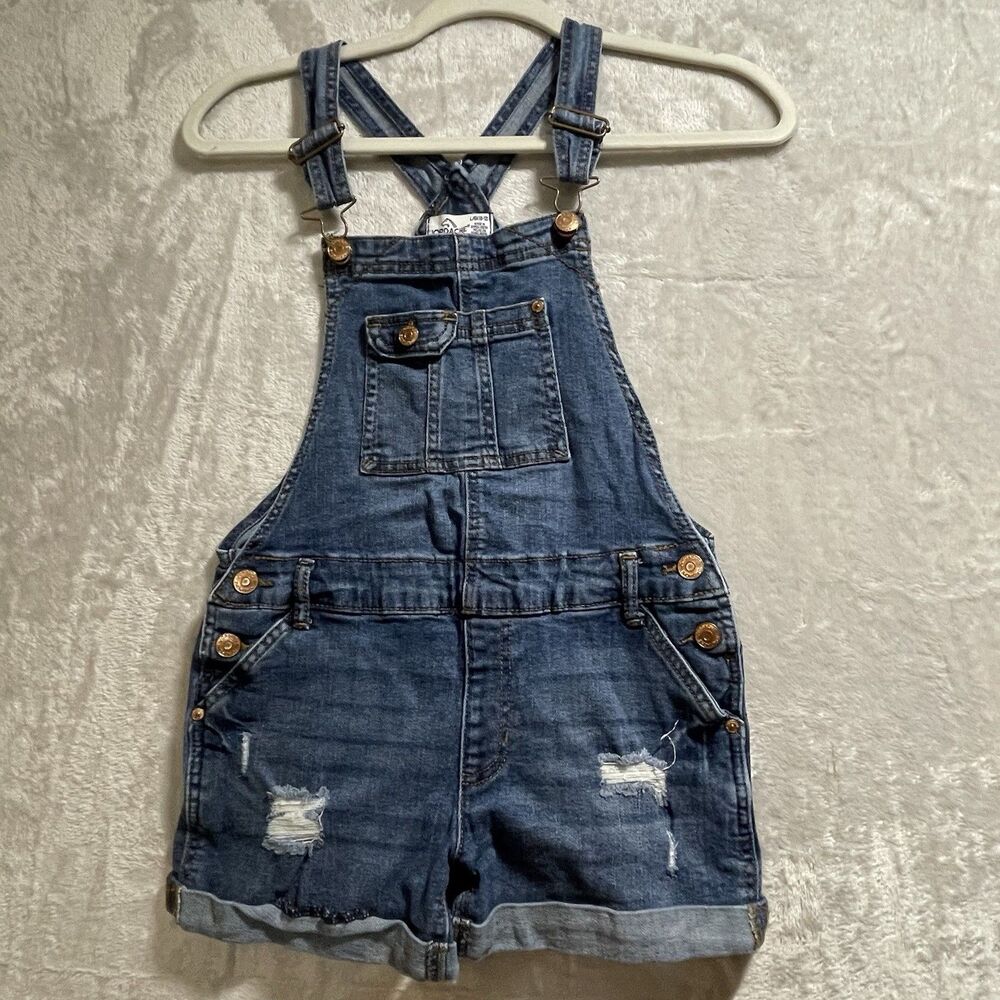 Jordache Denim Shortalls Bib Overalls Girls Sz L 10/12 Distressed